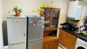 A compact kitchen with a refrigerator, a microwave, a washing machine, wooden cabinets, and a glass-fronted cabinet with plants.