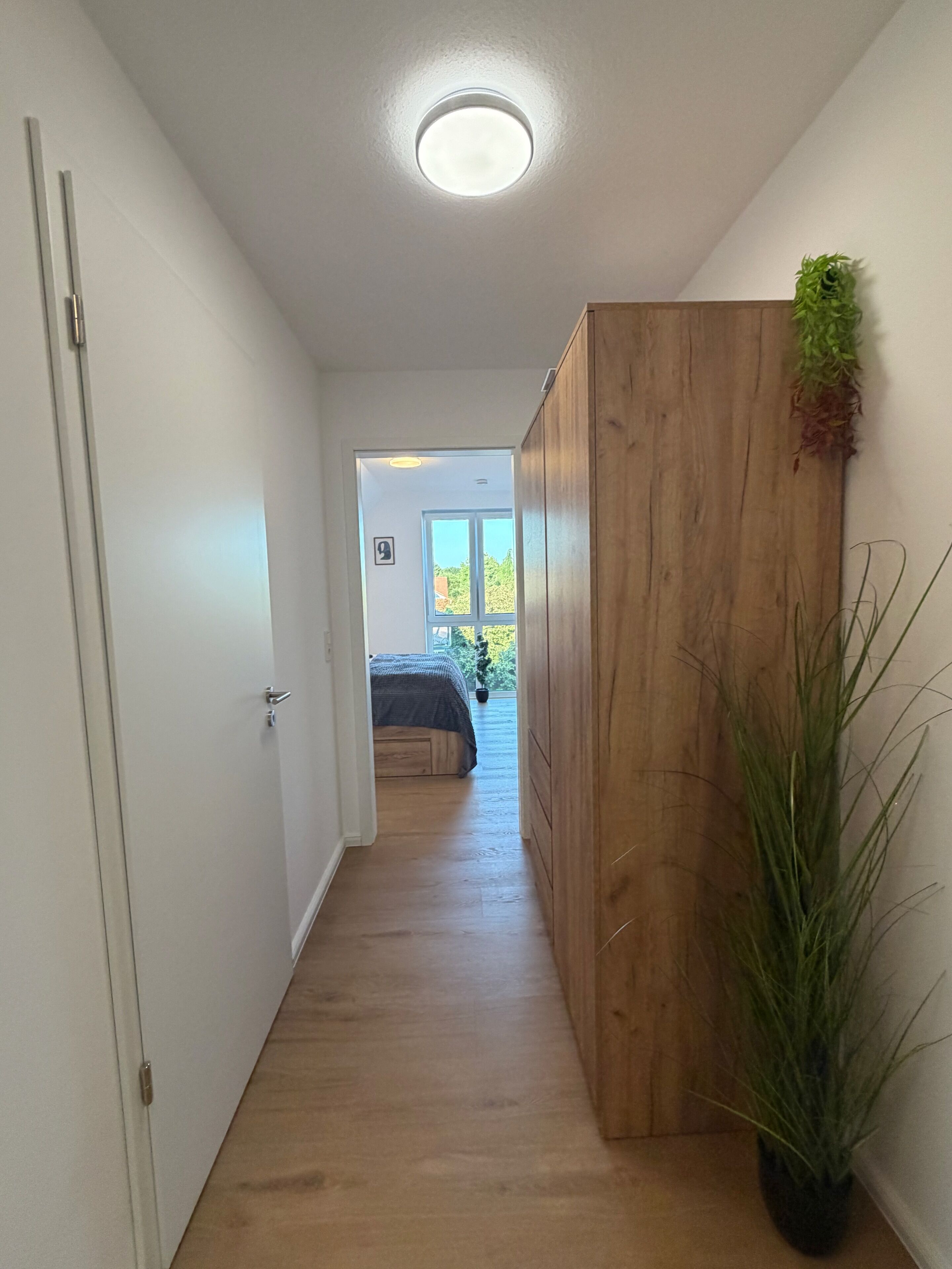 Ein Flur mit einem Holzschrank, einem Topfpflanzen und einem Bett im Hintergrund.