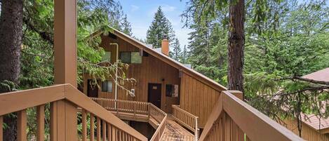 Une cabane en bois avec un escalier en bois menant à une terrasse, le tout entouré de grands arbres.
