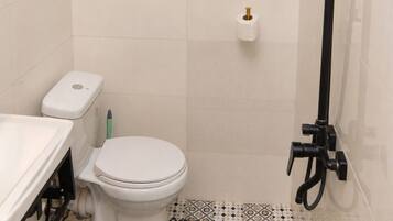 Shower, jetted tub, hair dryer, bidet