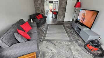 Una sala de estar moderna con un sofá gris, cojines rojos, un televisor y una aspiradora.
