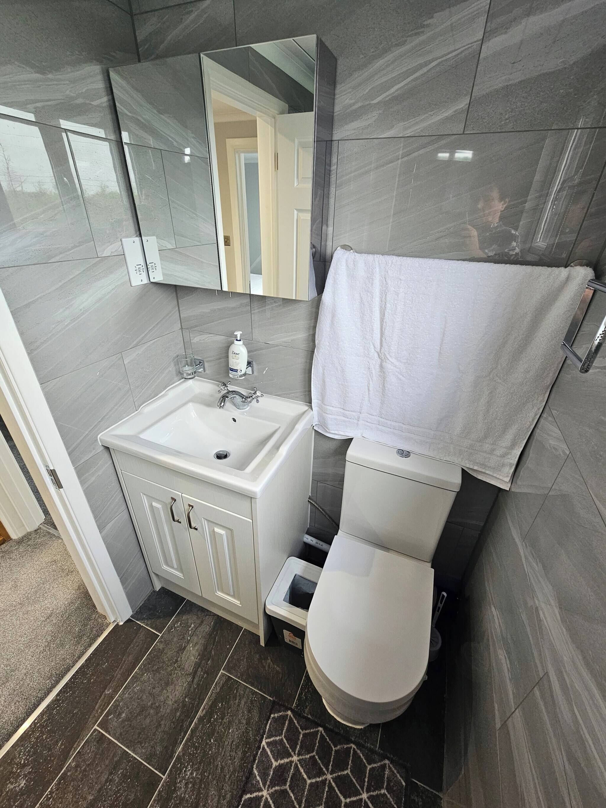 A bathroom with a white sink, toilet, and a towel hanging on the wall.
