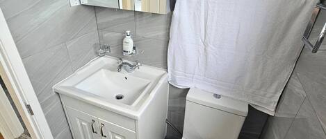 A bathroom with a white sink, toilet, and a towel hanging on the wall.