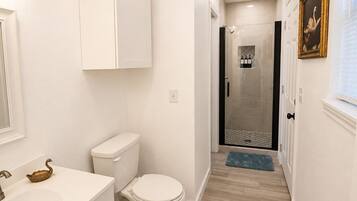 Hair dryer, towels, soap, toilet paper