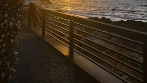 Sonnenuntergangblick von einem Balkon mit Blick auf ein Gewässer, einem Geländer und Palmen.