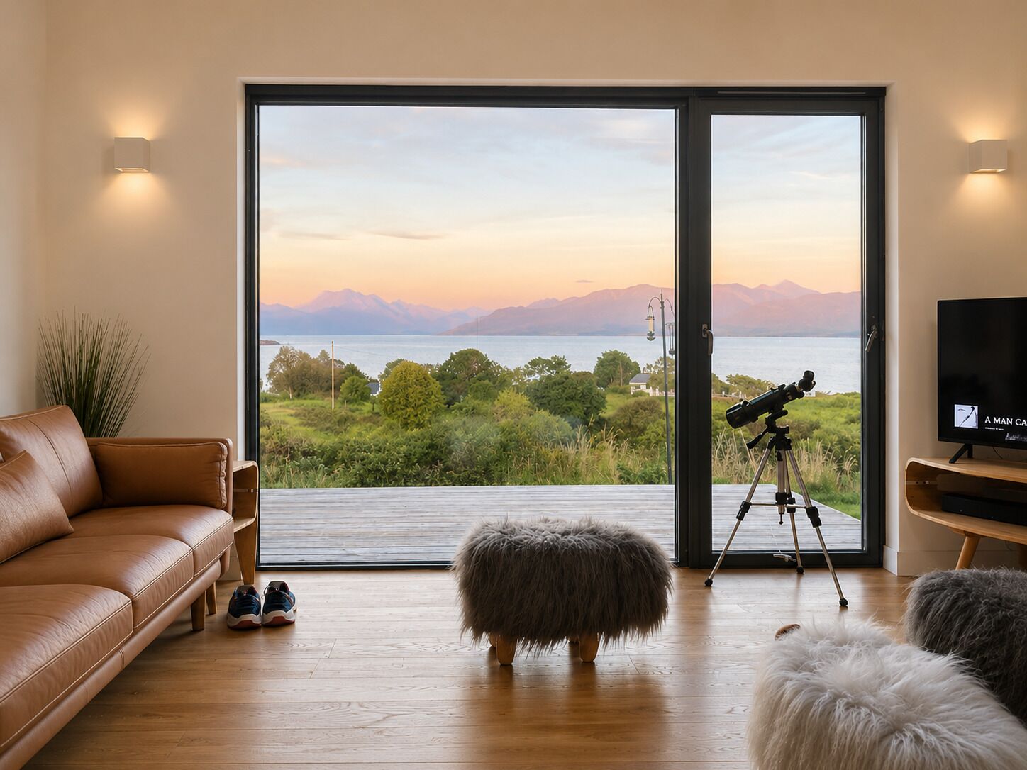 A living room with a large sliding glass door leading to a scenic view of a lake and mountains.