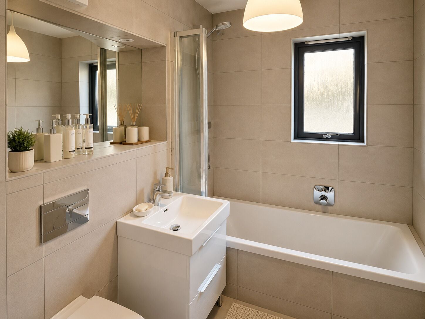 Un baño moderno con bañera, tocador con espejo y ventana.