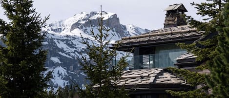A mountain lodge with a snow-covered peak in the background, surrounded by evergreen trees.