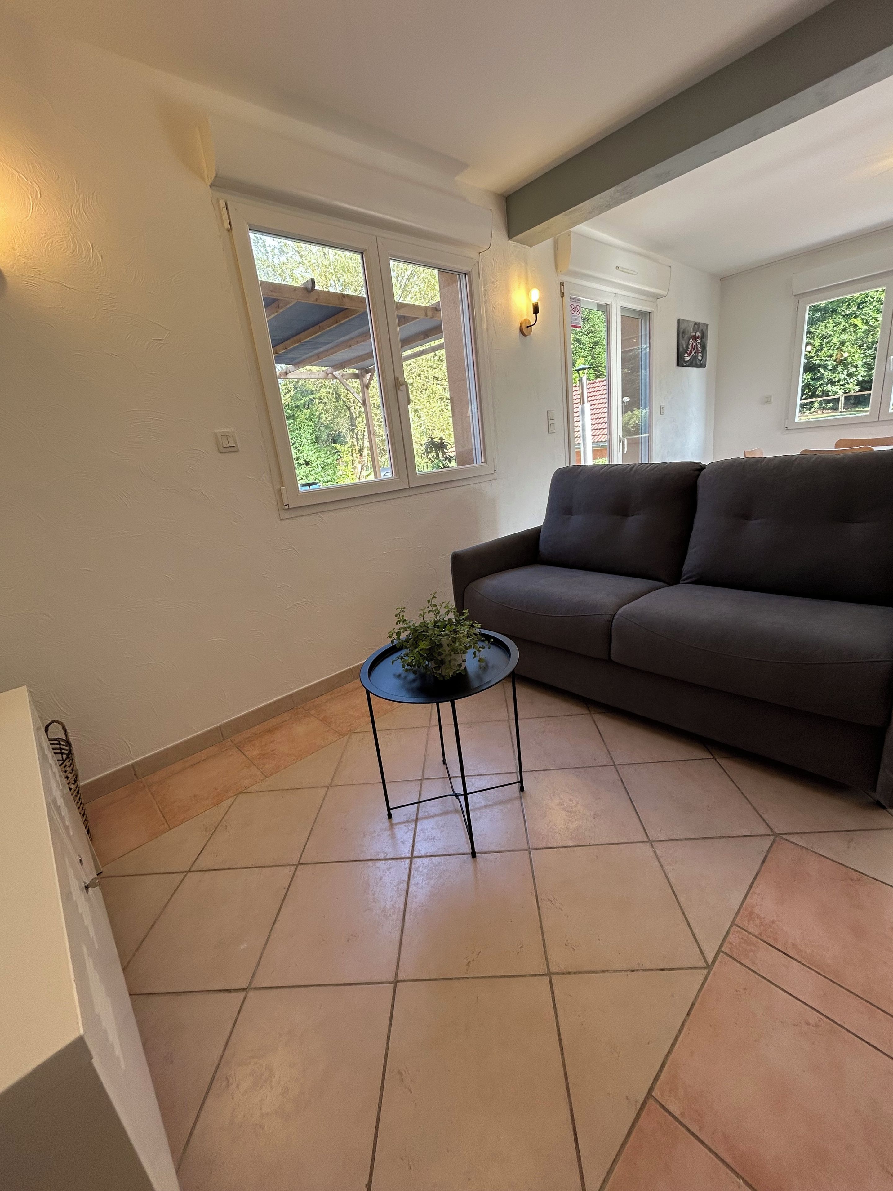 Un salon avec un canapé foncé, une petite table ronde ornée d’une plante et de grandes fenêtres donnant sur un paysage verdoyant.