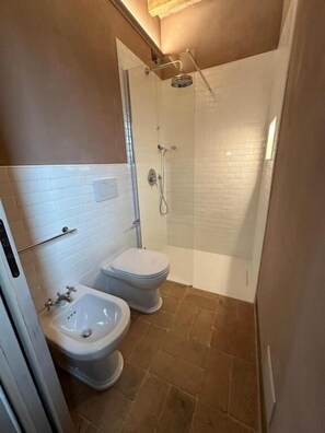 A bathroom with a shower, toilet, and bidet.