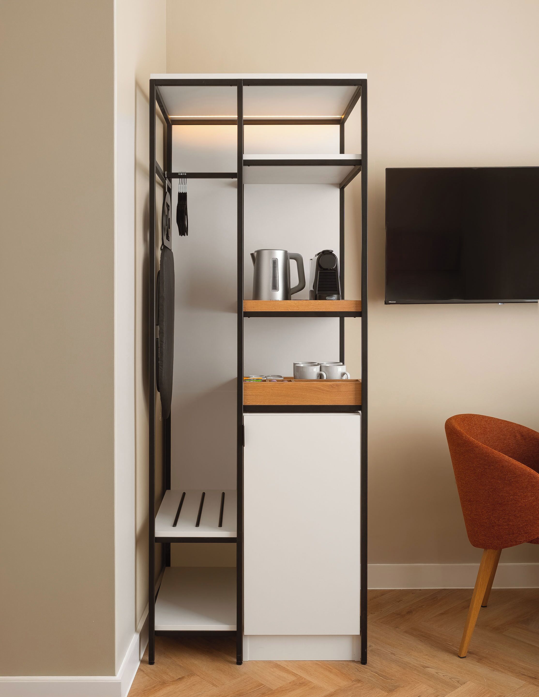 Desk, laptop workspace, blackout curtains, free WiFi