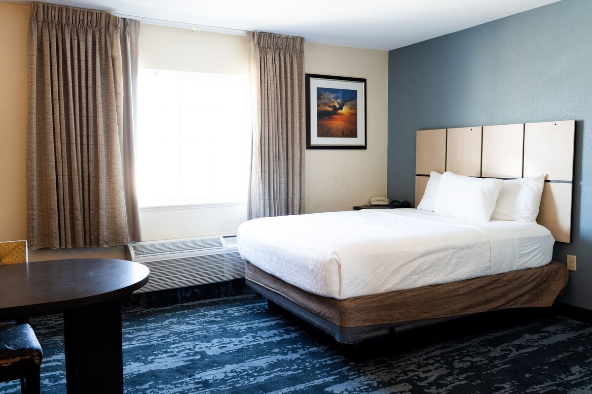 Une chambre d’hôtel avec un lit, un bureau, une chaise, un radiateur et un tableau au mur.