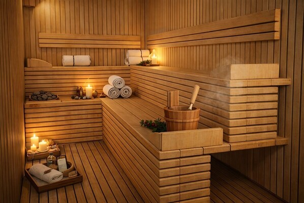 Un sauna con bancos de madera, velas y un mortero y pilón de madera.