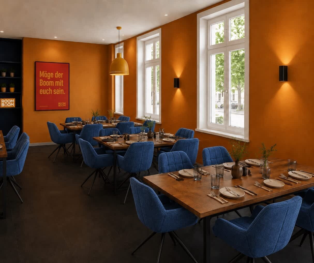 Ein Essbereich mit vier gedeckten Tischen, blau gepolsterten Stühlen und einem roten Schild an der Wand.