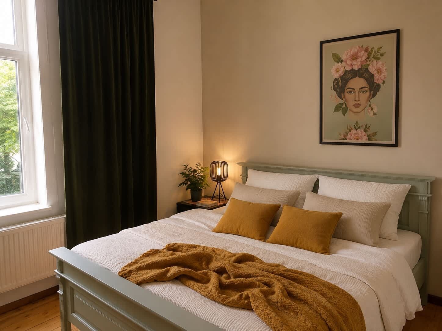 A bedroom with a bed, a nightstand, a lamp, a window with curtains, and a framed picture on the wall.