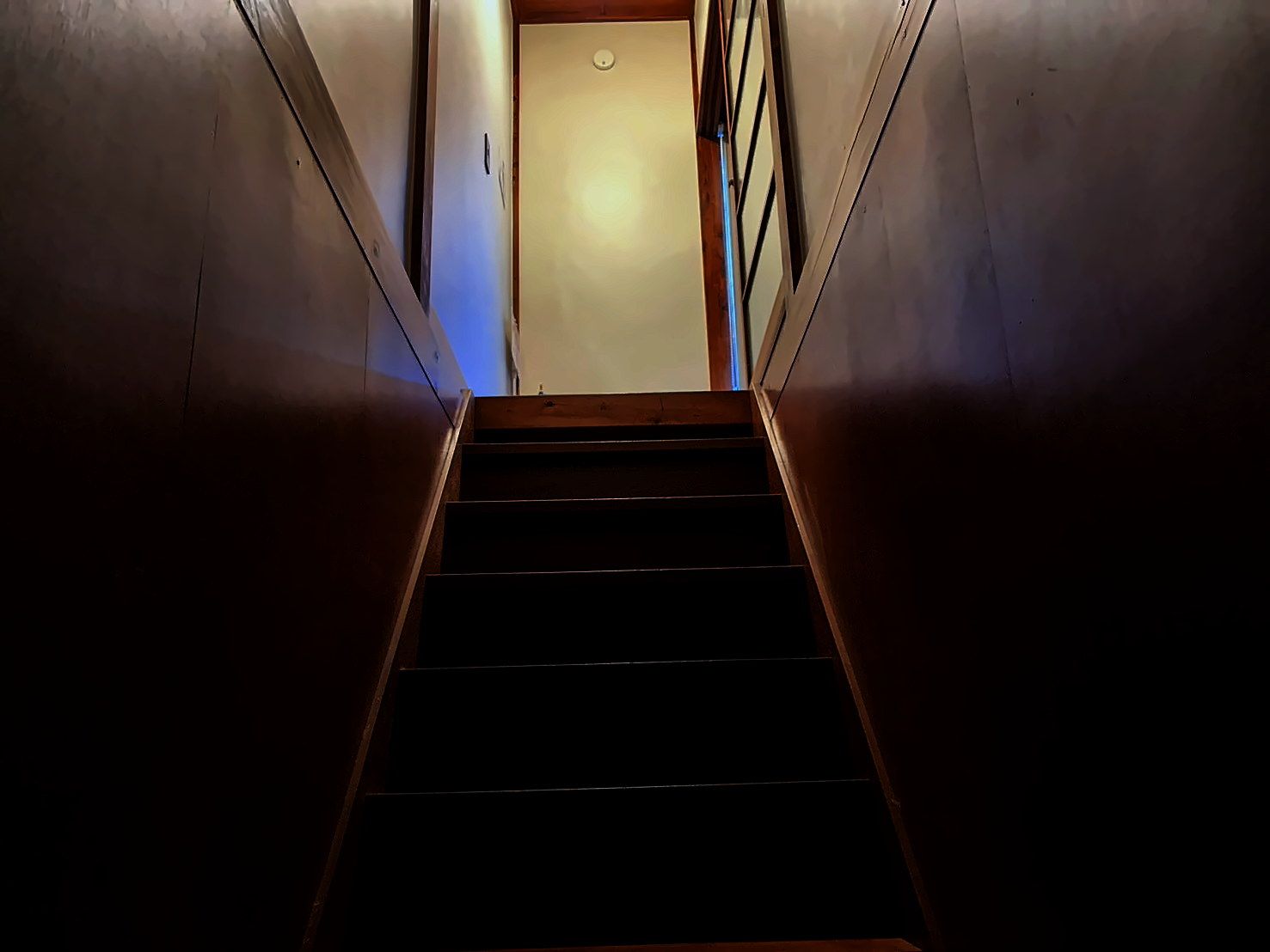 A staircase leading to a door with a light switch above it.