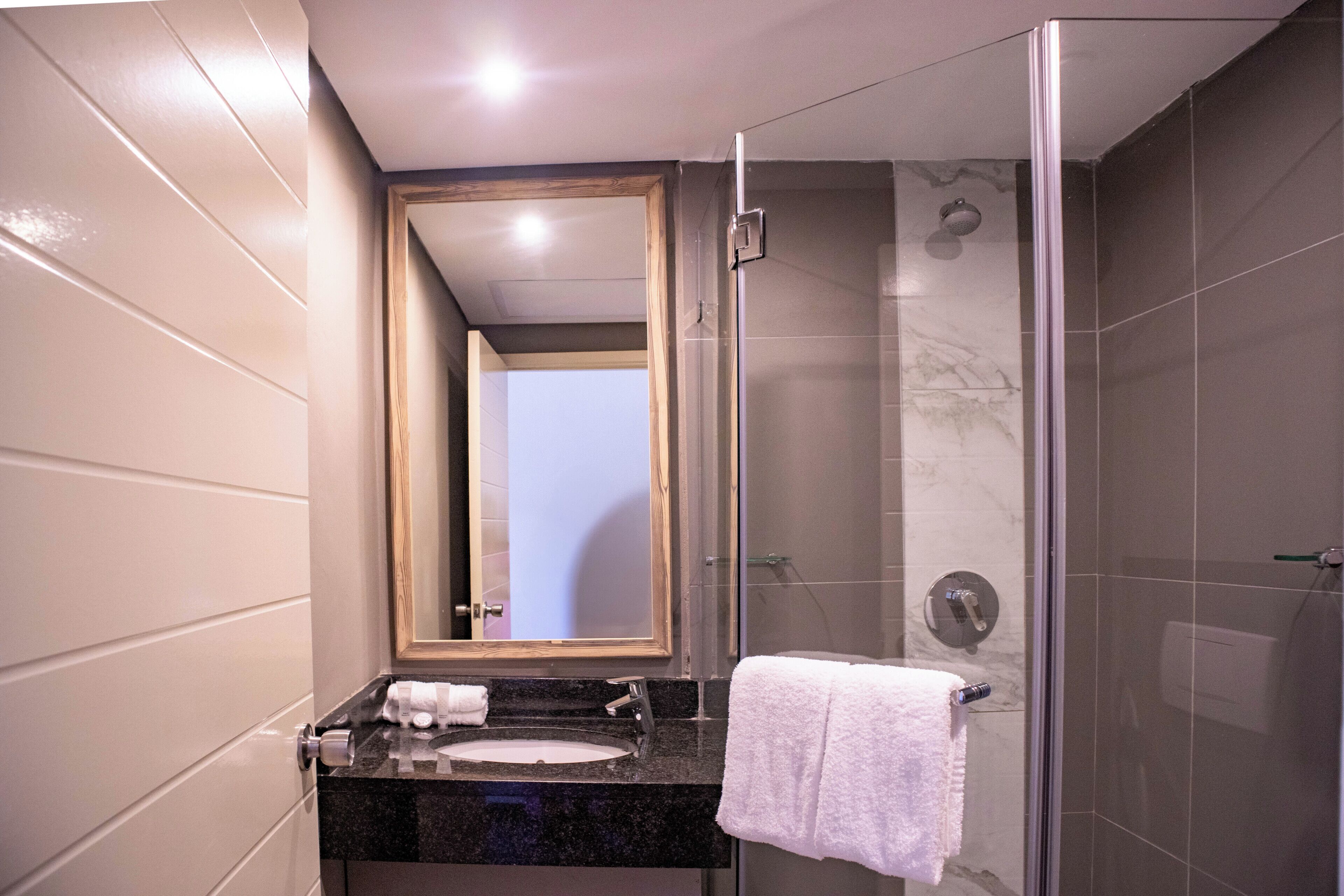 Shower, free toiletries, towels, soap