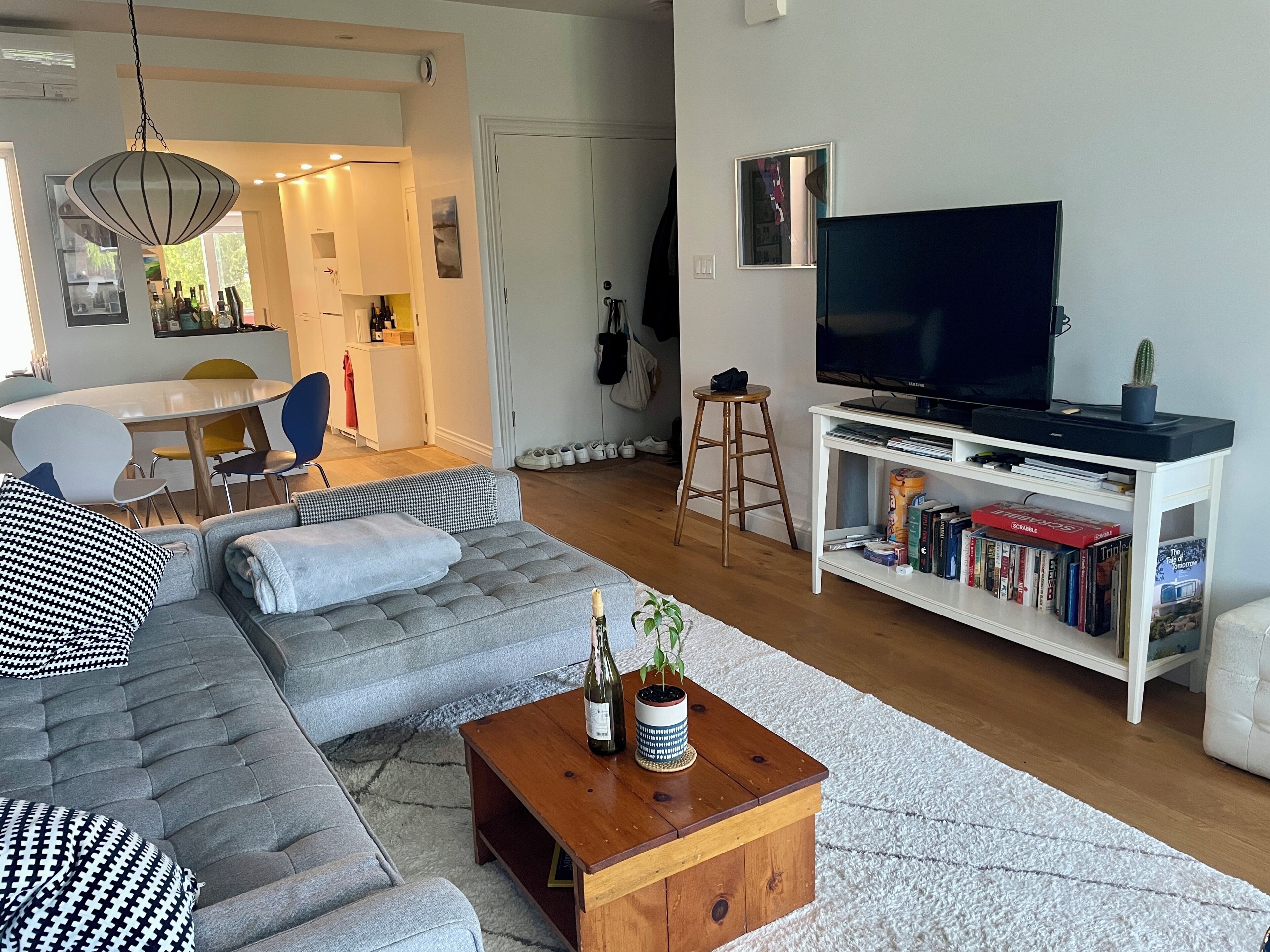 A modern living room with a grey sofa, a wooden coffee table with a bottle and plant, a TV on a white stand, and a bookshelf with books and a board game.