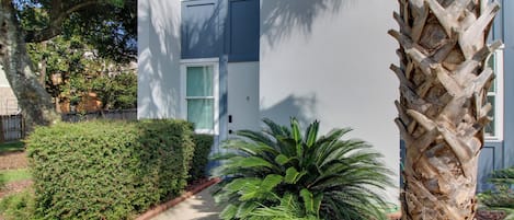 A modern building with a flat roof, a pathway leading to the entrance, and a well-maintained garden with a palm tree and shrubs.