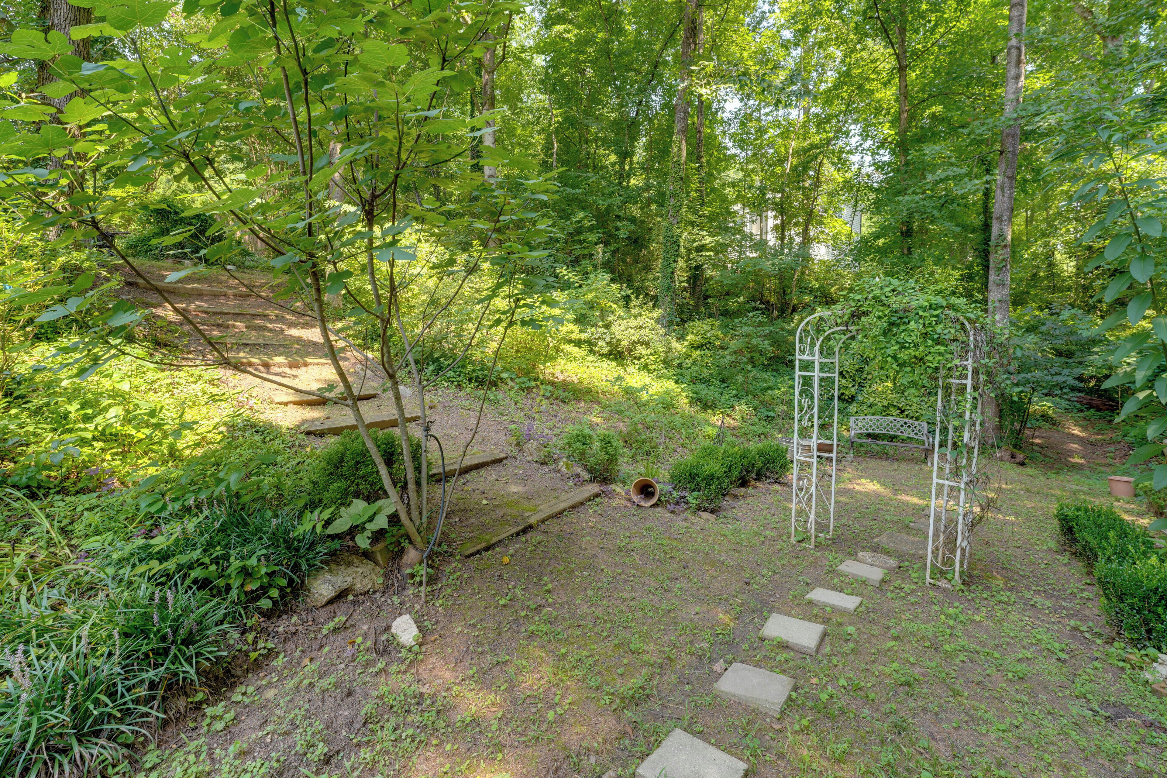A garden with a wooden staircase, a metal trellis, and a variety of greenery.