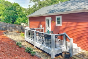 A red house with a white porch and a small deck. - Walk to Dtwn Waynesville! Dual Mtn Havens w/ Decks (Waynesville)