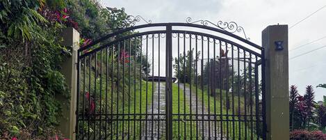 A gated entrance with a metal gate, surrounded by lush greenery and a pathway leading to a building.