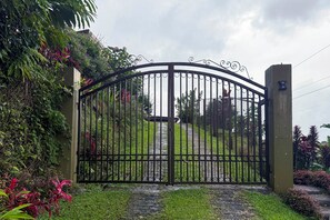 A gated entrance with a metal gate, surrounded by lush greenery and a pathway leading to a building.