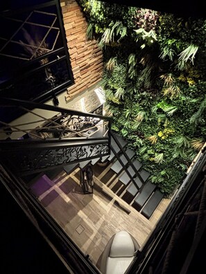 A staircase with a glass railing leading to a room with a wooden floor, a white chair, and a wall with green foliage.