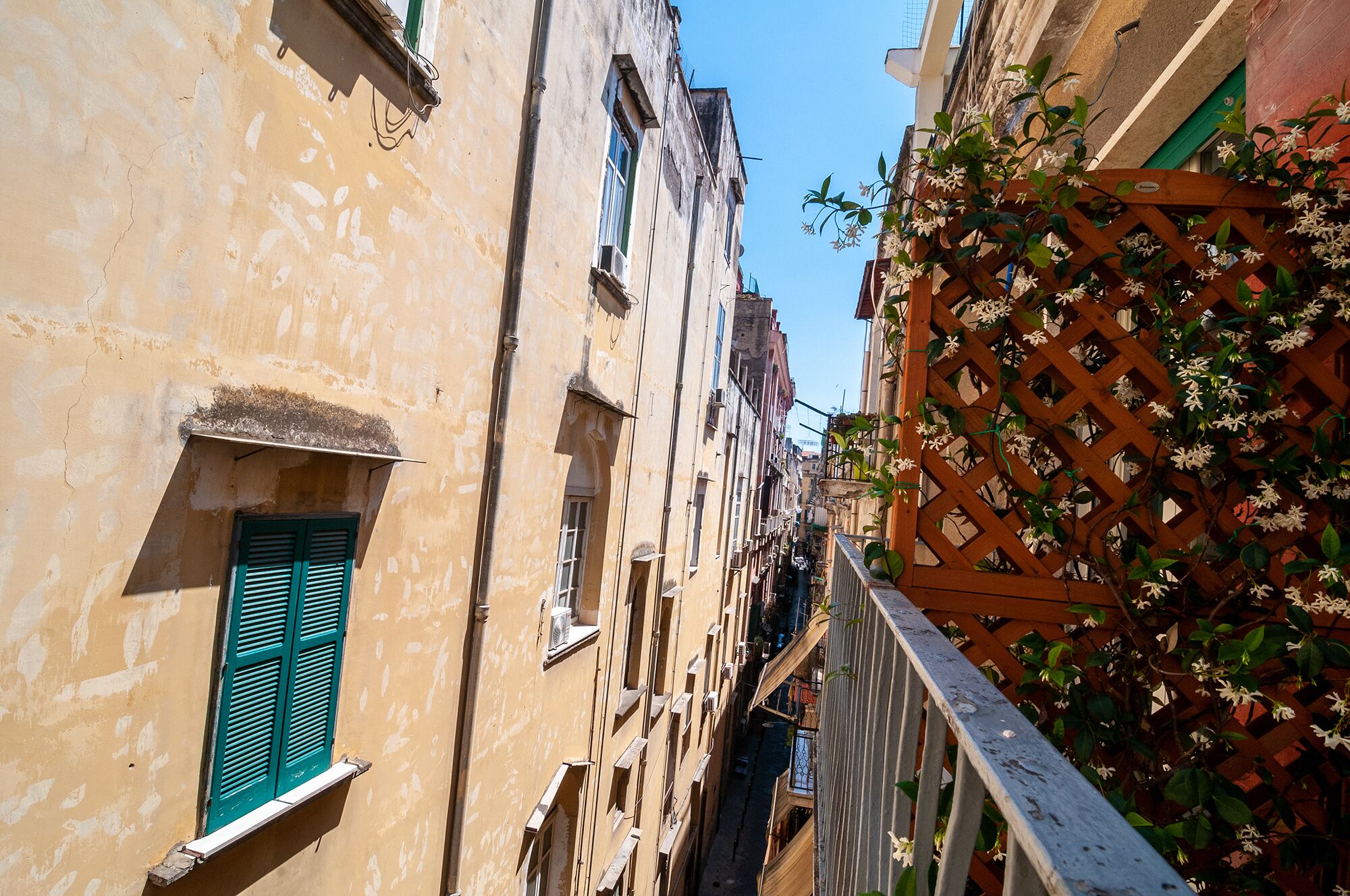 Une ruelle étroite entre deux bâtiments, avec une clôture en treillis de bois d’un côté et un bâtiment doté d’un volet vert de l’autre.