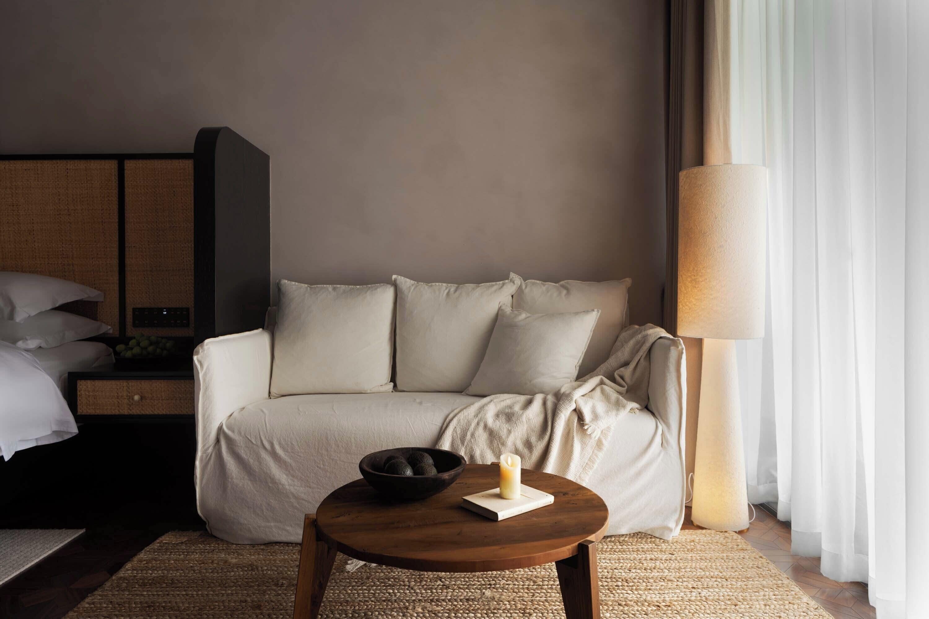 Premium bedding, desk, laptop workspace, blackout curtains