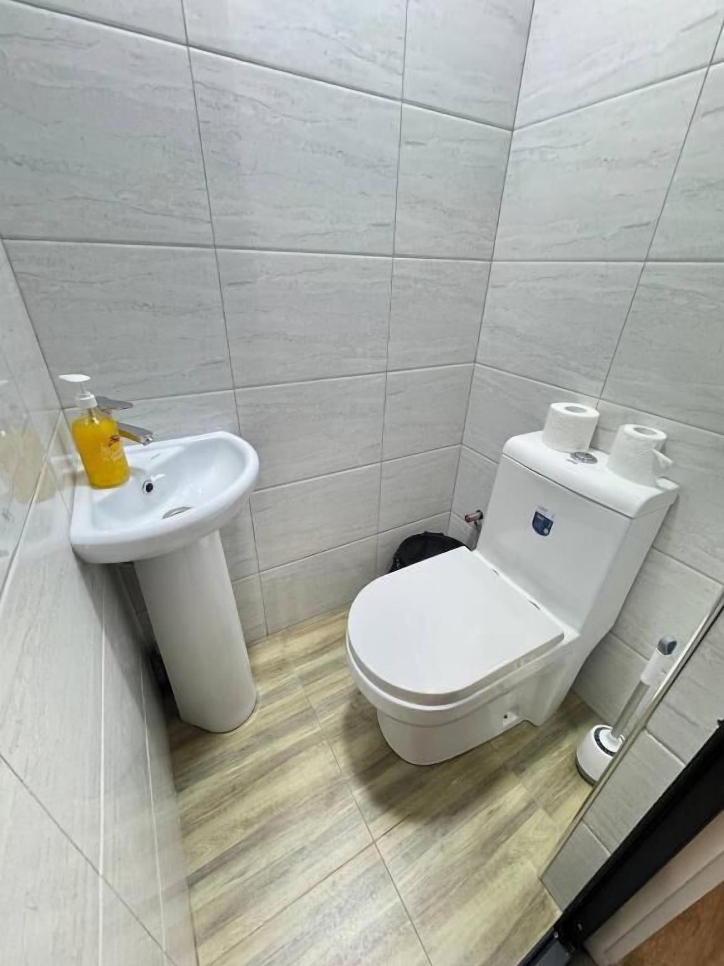 Uma casa de banho pequena com sanita, lavatório e suporte para papel higiénico.
