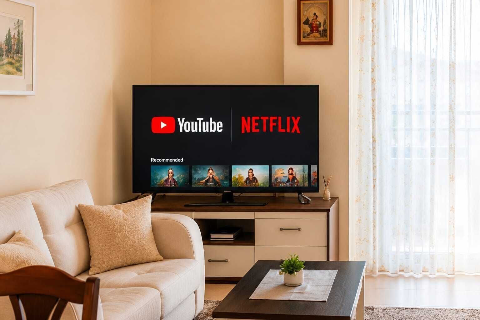 A living room with a flat-screen TV displaying YouTube and Netflix logos, a sofa, a coffee table with a plant, and a framed picture on the wall.