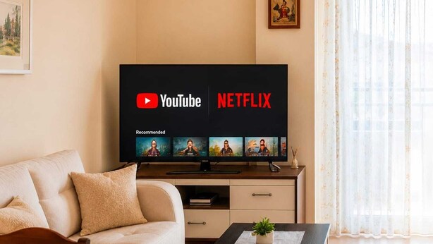 A living room with a flat-screen TV displaying YouTube and Netflix logos, a sofa, a coffee table with a plant, and a framed picture on the wall. - Nilvan Apartment heart of Tirana (Tiranë)