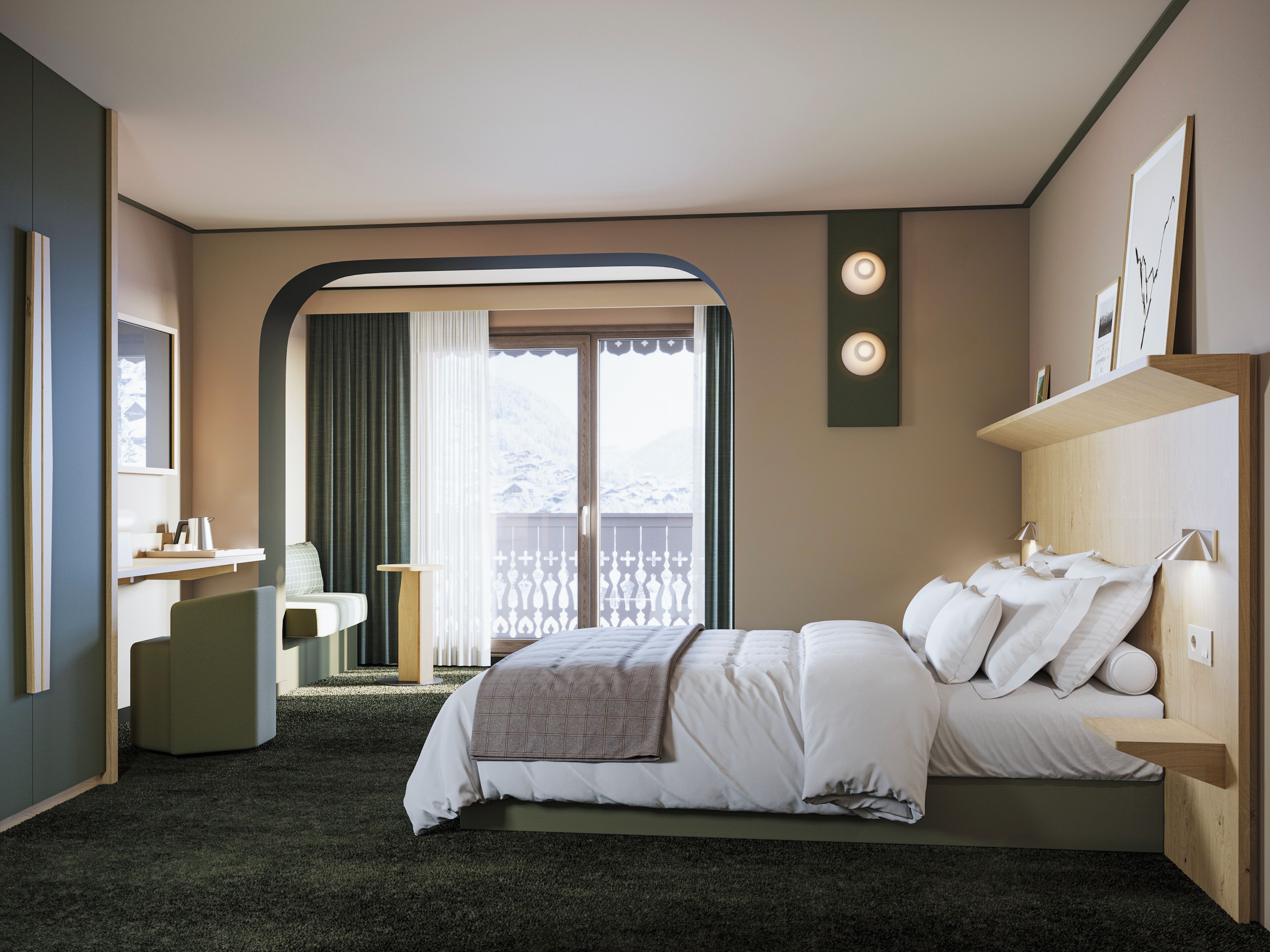 A hotel room with a bed, bedside table, lamp, and a view of a balcony with a railing.