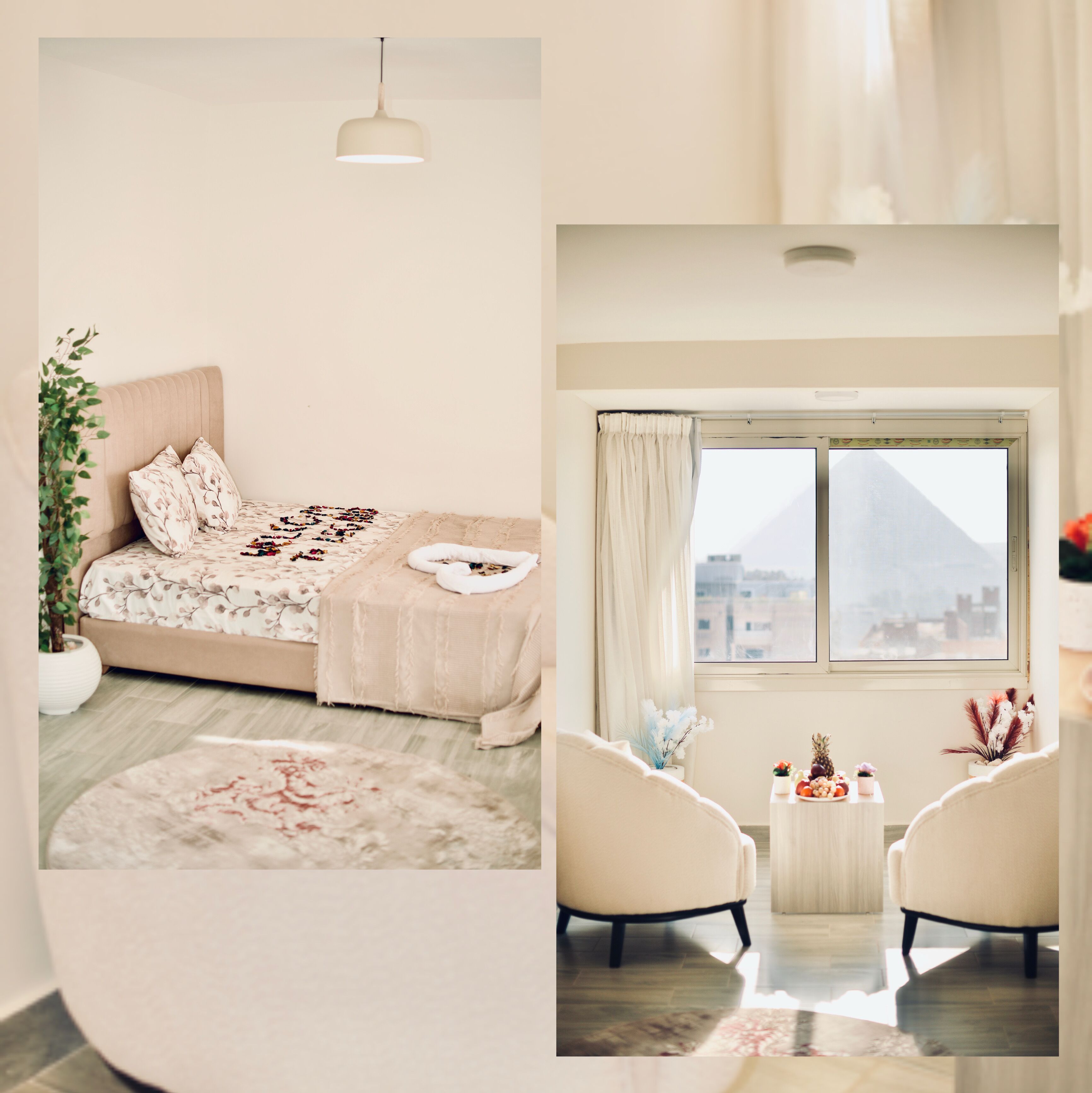 A bedroom with a bed, bedside table, and a window with a view.
