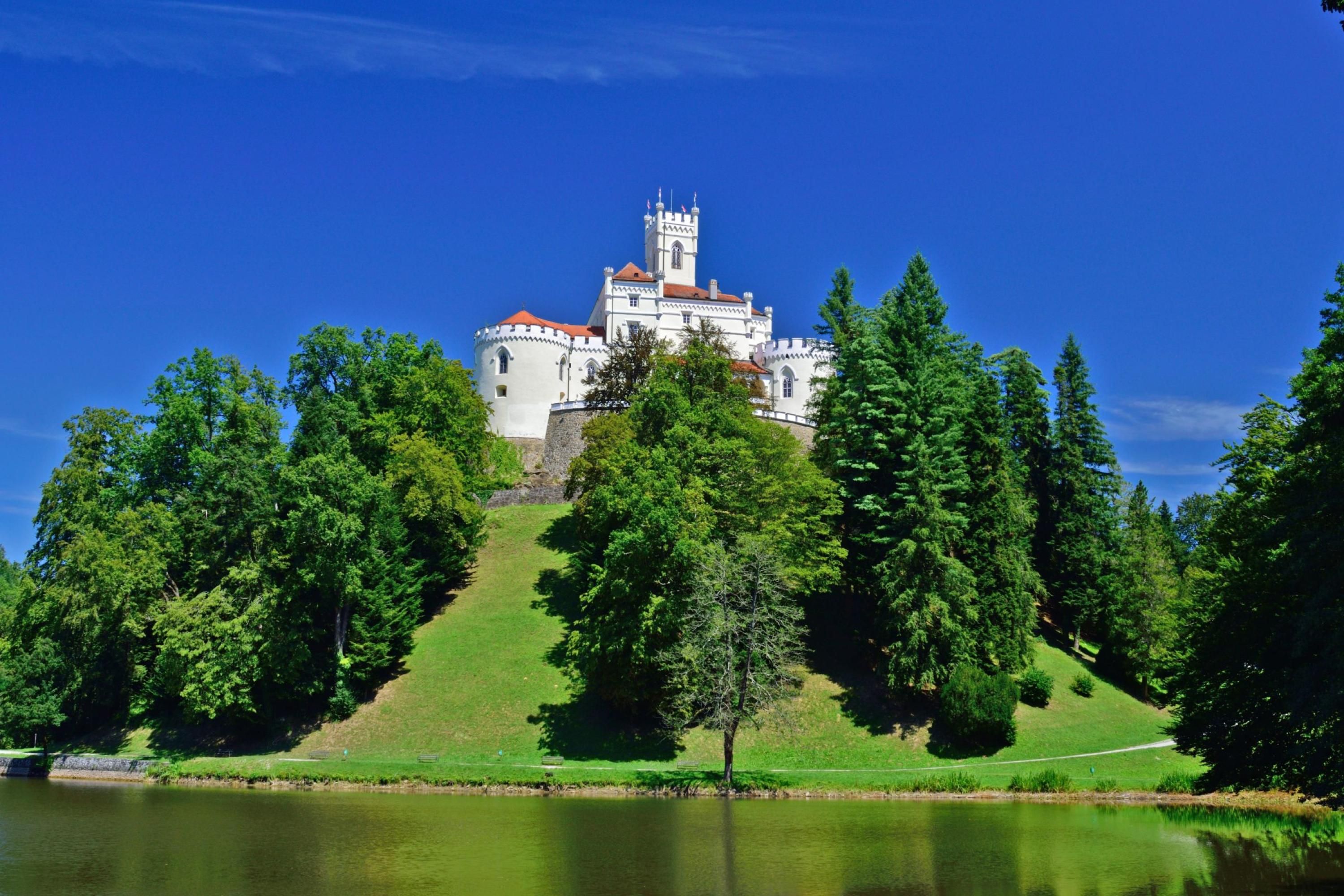 A castle with a tower, surrounded by trees and a body of water.