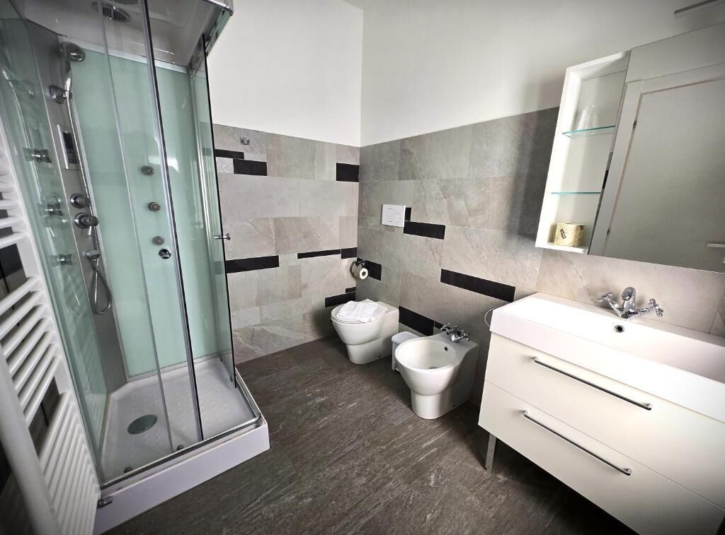 A modern bathroom with a glass shower enclosure, a bidet, a sink, and a mirror.