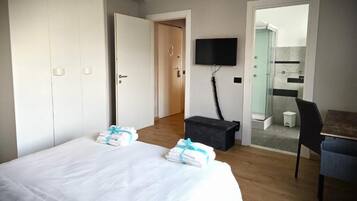 A hotel room with a bed, a desk, a television, and a shower area.