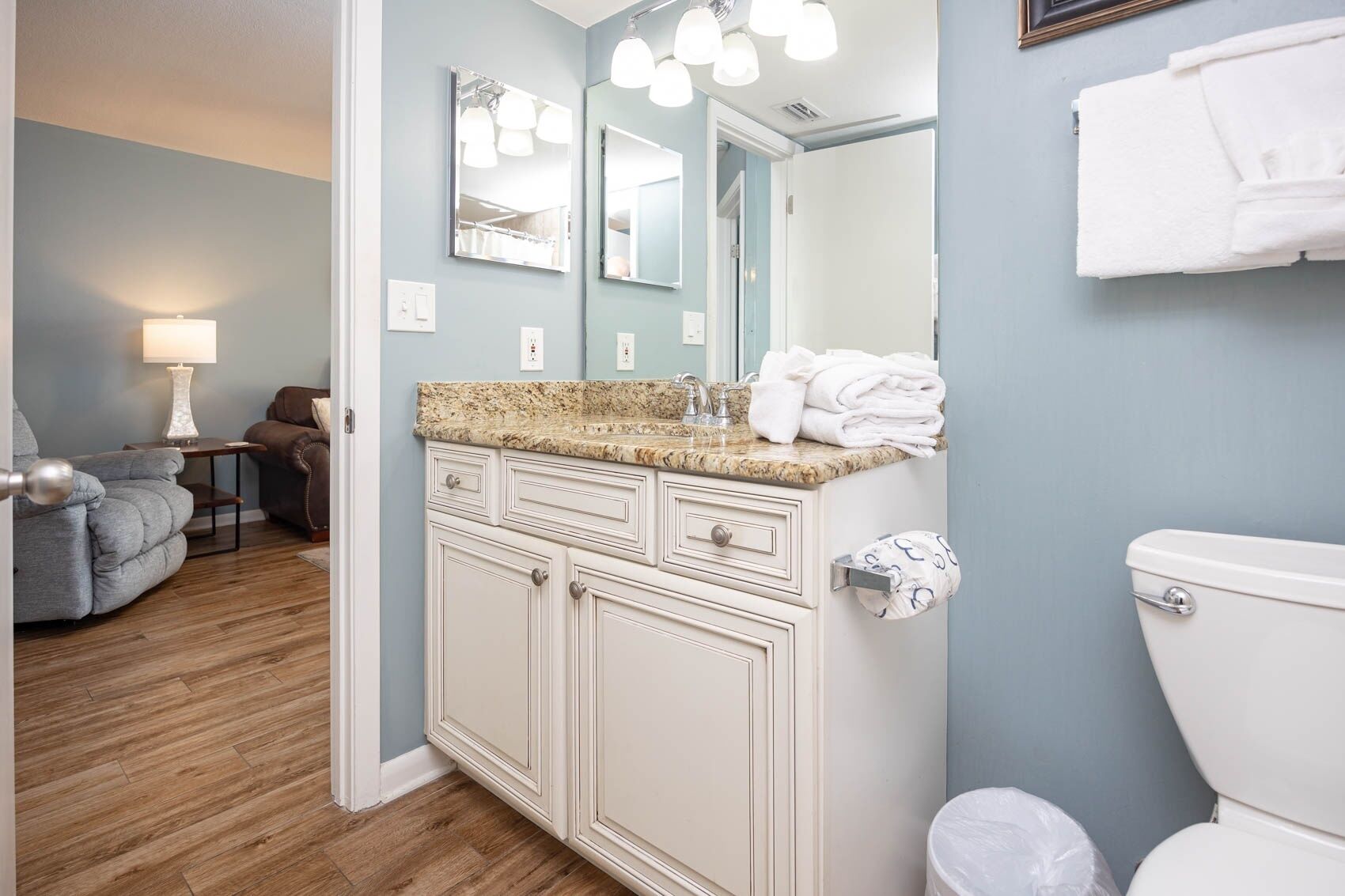 A bathroom with a white toilet, a sink with a granite countertop, and a mirror above the sink.