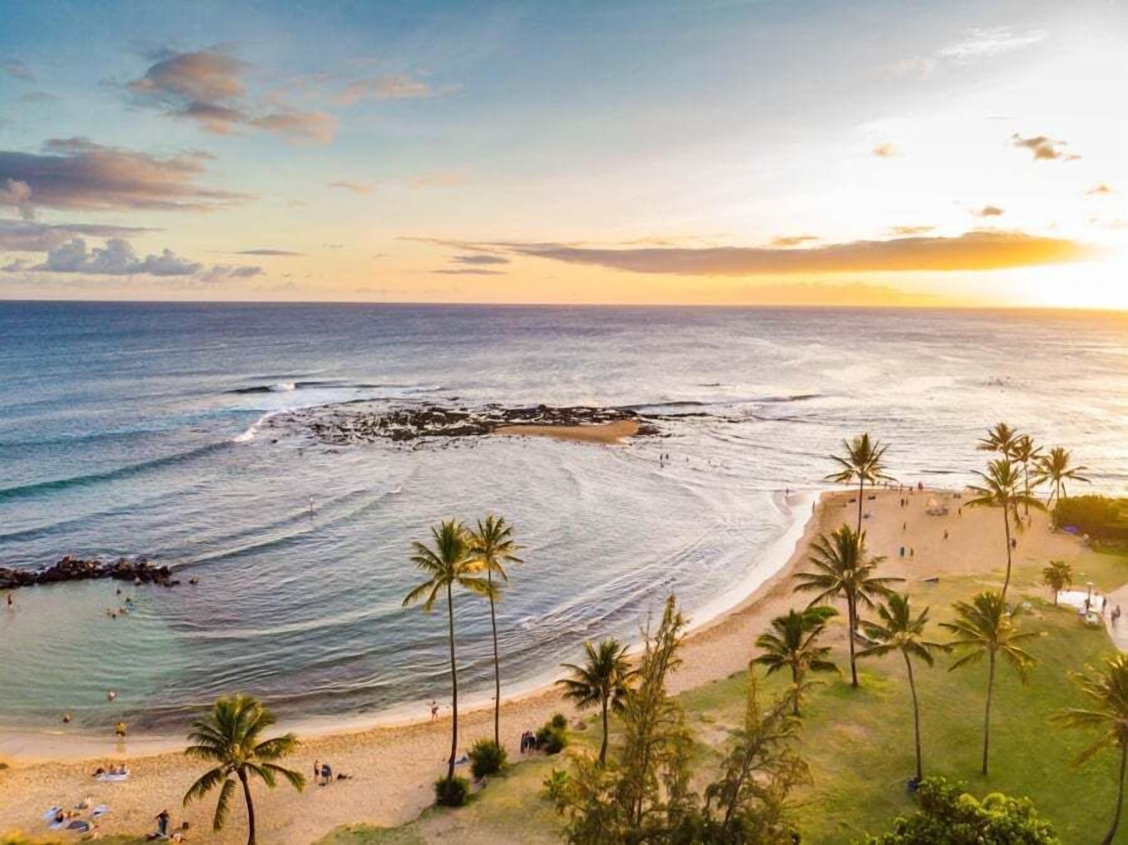 A beach with palm trees, a rocky breakwater, and a sunset.