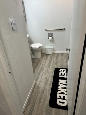 Hair dryer, towels, soap, toilet paper