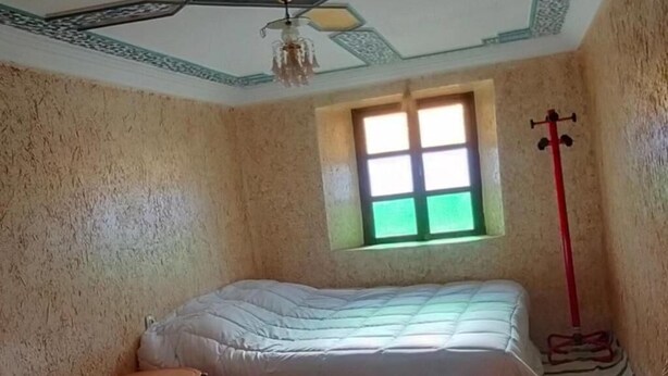 A room with a bed, a window, a ceiling fan, and a mop leaning against the wall.