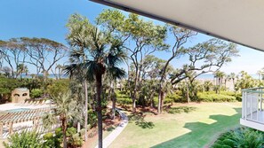 Ein Garten mit Palmen, einem Pool und Blick auf das Meer.