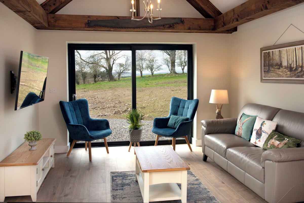 A living room with a large window, two blue chairs, a sofa, a coffee table, and a painting on the wall.
