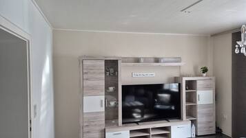 A living room with a flat-screen TV, wooden TV stand, and a small plant on a shelf.