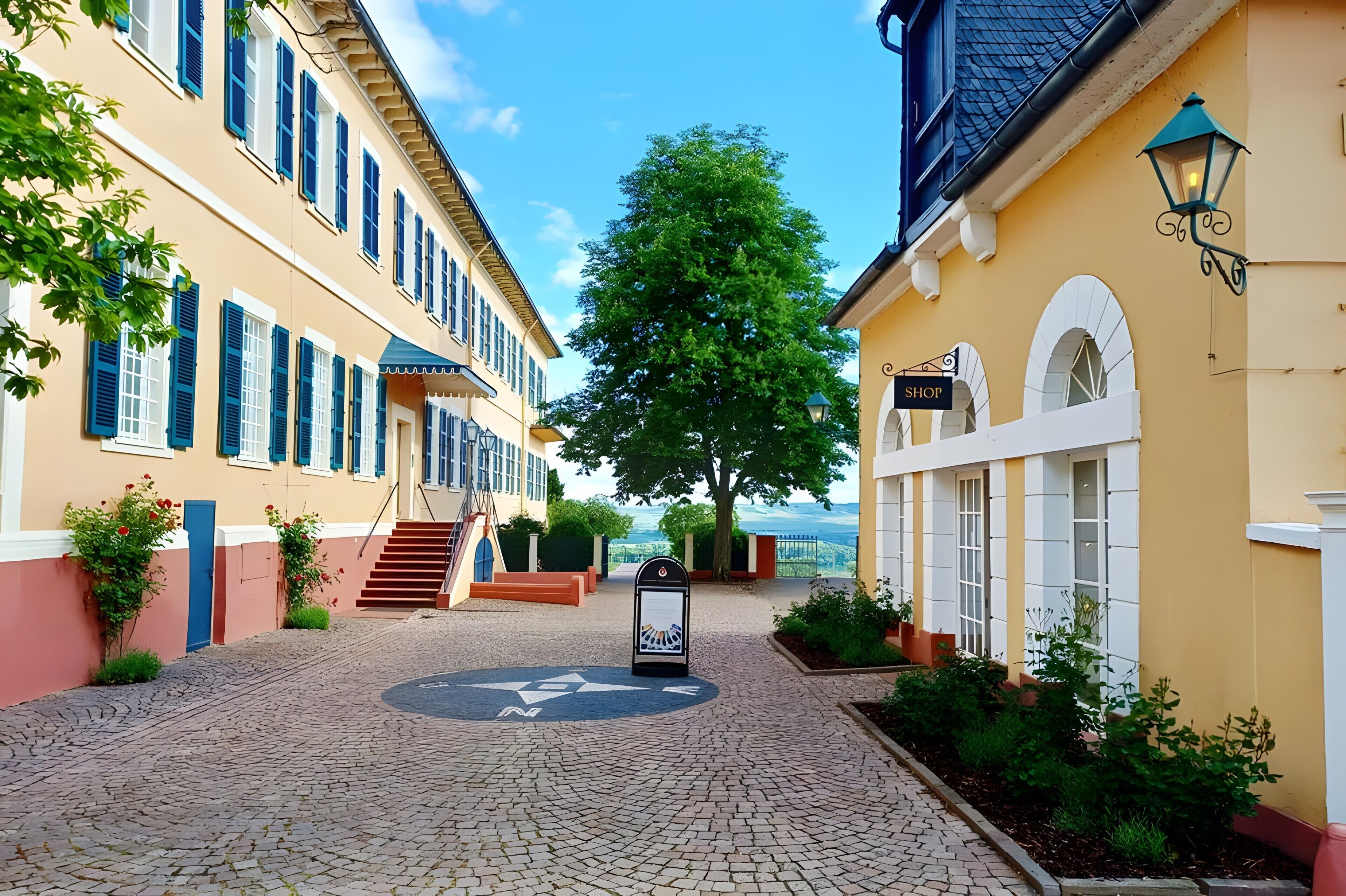 A cobblestone street with buildings on either side, a tree in the center, and a sign indicating a shop.