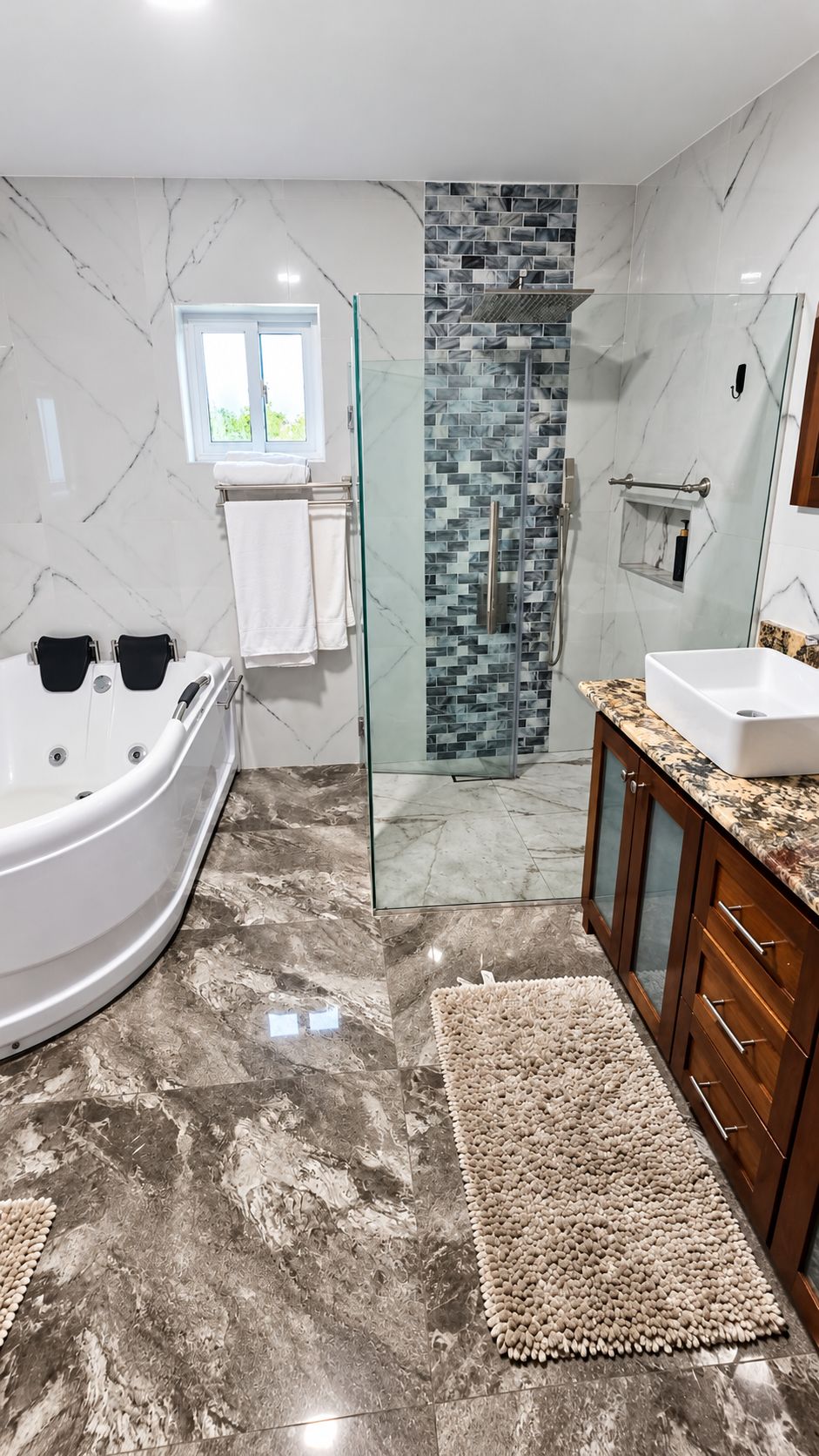 Une salle de bain moderne dotée d’une douche à parois de verre, d’une baignoire sur pieds et d’un meuble-lavabo.