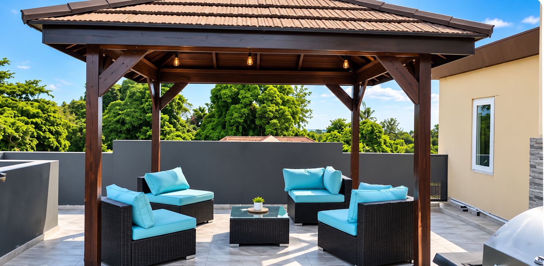 Un espace extérieur aménagé avec des meubles en osier et une pergola, le tout abrité.