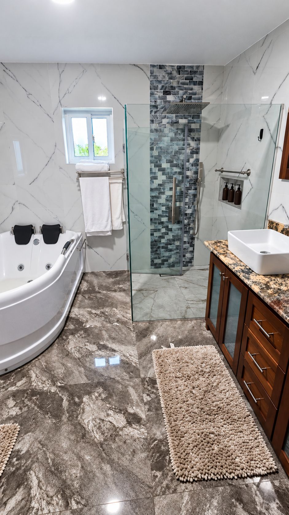 A modern bathroom with a glass-enclosed shower, a freestanding bathtub, and a marble floor.