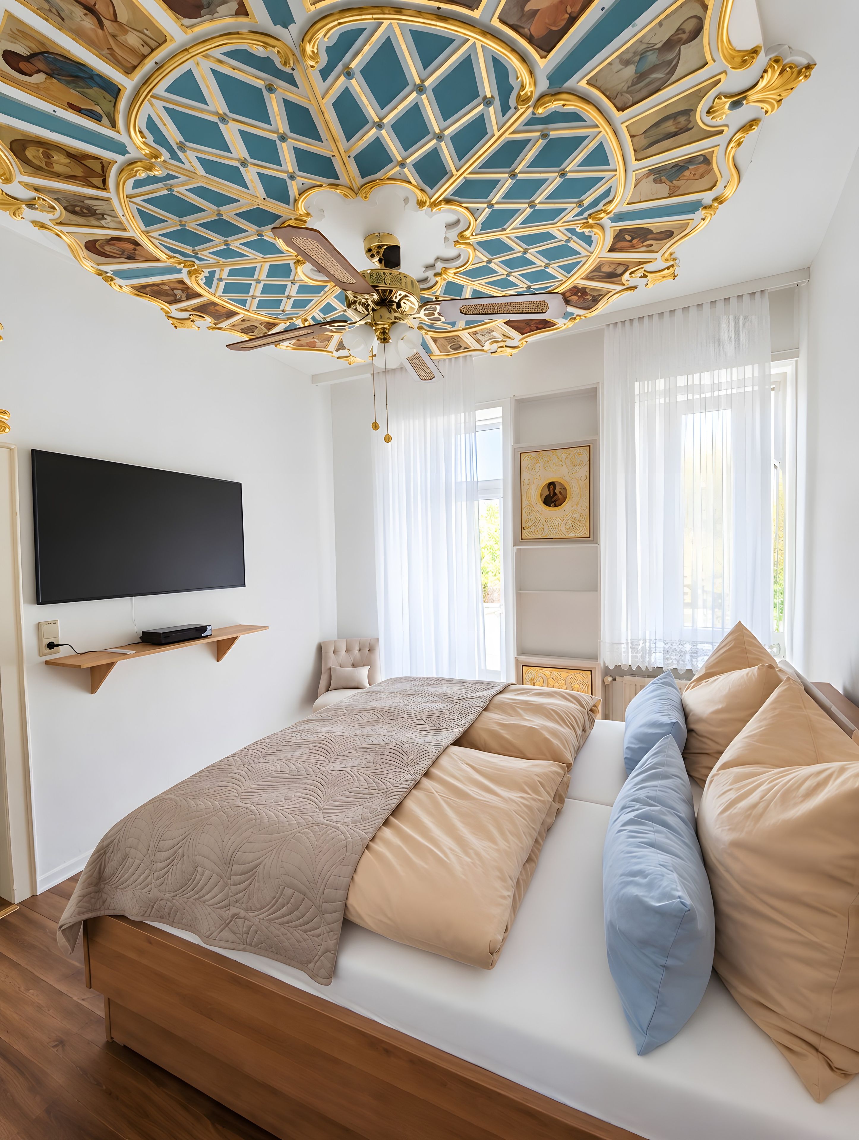 A bedroom with a large bed, a ceiling fan, a mounted TV, and a window with sheer curtains.